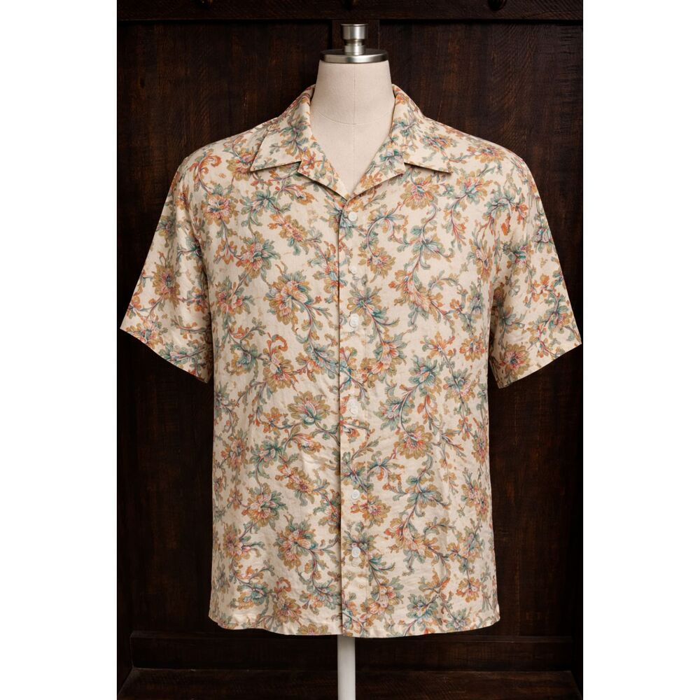 Vintage STUNT Collections 100% Silk Button Up Shirt Size L Floral Scroll Print